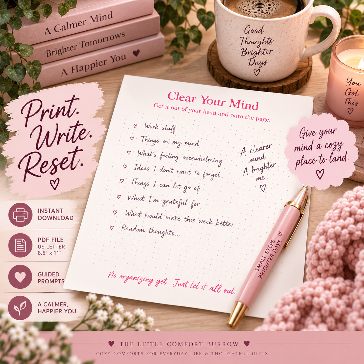 Brain Dump Printable Planner | The Cozy Reset | 7-Page Guided Brain Dump Workbook