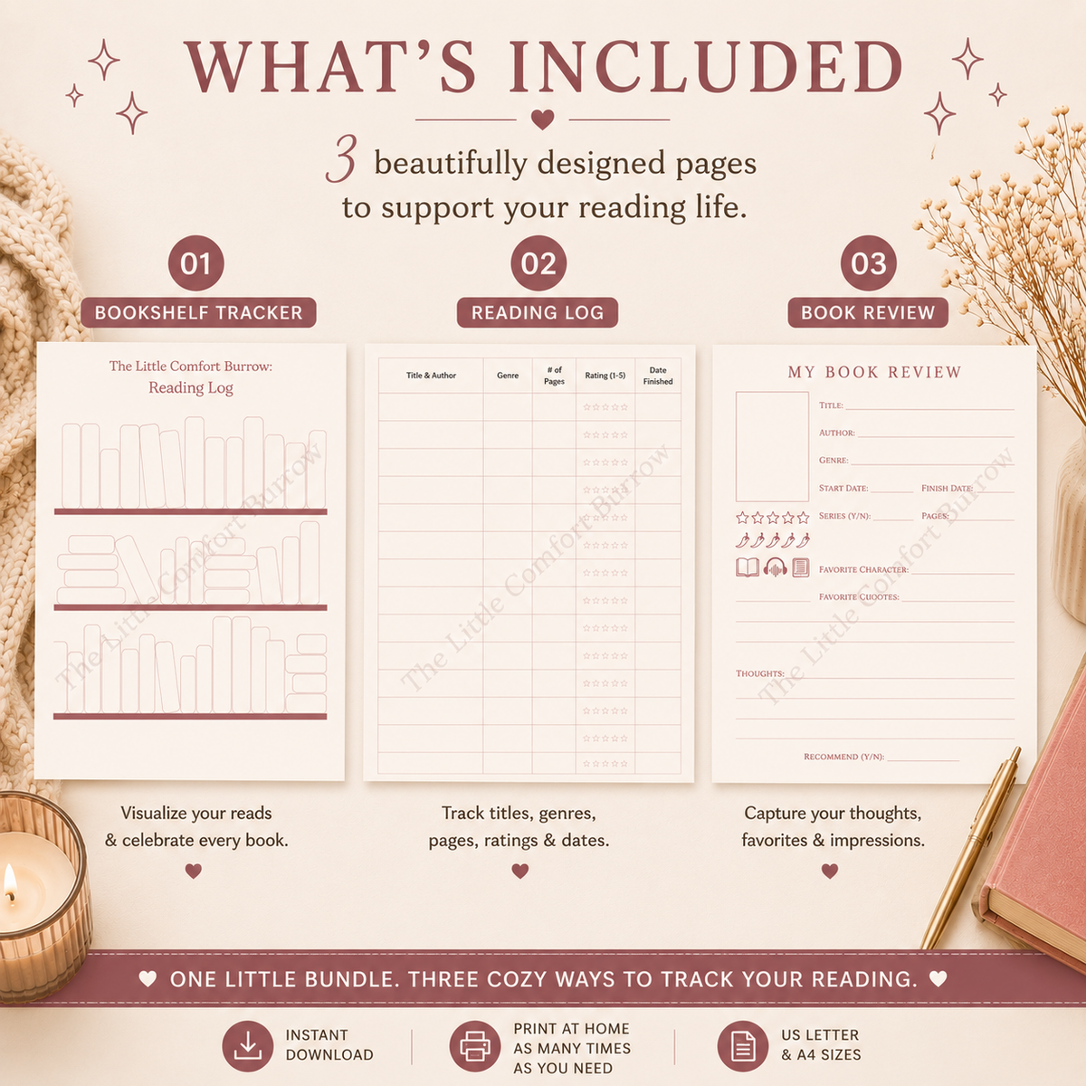 Cozy Reading Log Printable Bundle | Book Tracker & Review Pages