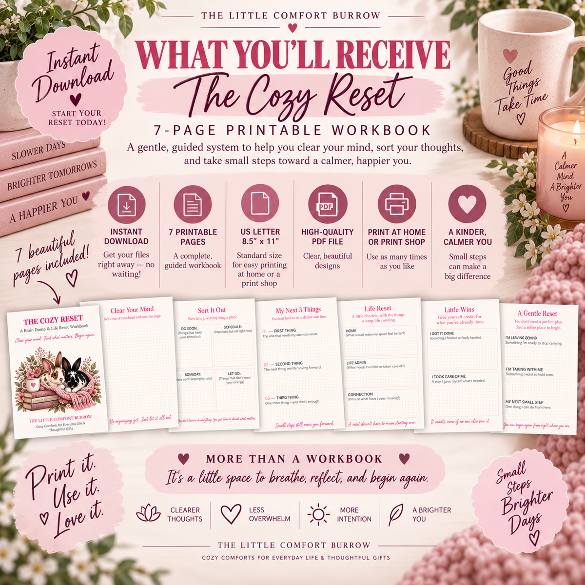 Brain Dump Printable Planner | The Cozy Reset | 7-Page Guided Brain Dump Workbook