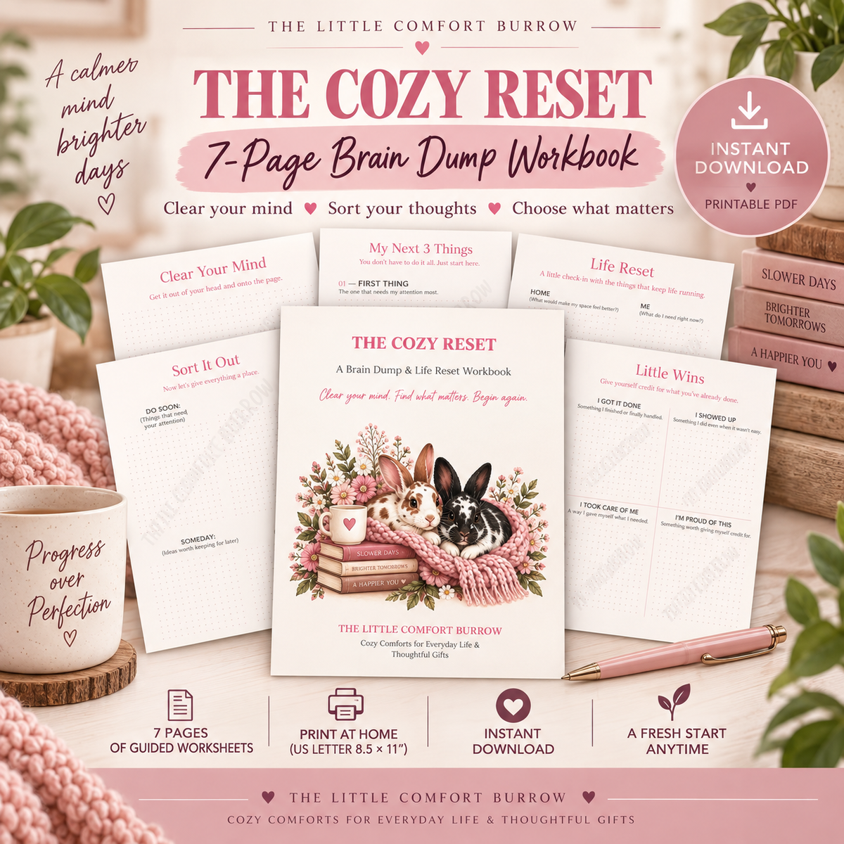 Brain Dump Printable Planner | The Cozy Reset | 7-Page Guided Brain Dump Workbook