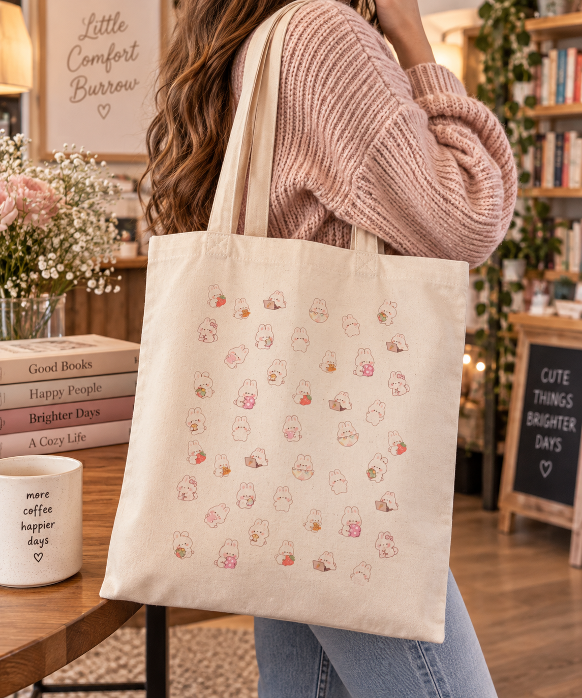 Cute Bunny Canvas Tote Bag | Rabbit Lover Gift | Reusable Cotton Shopping Bag