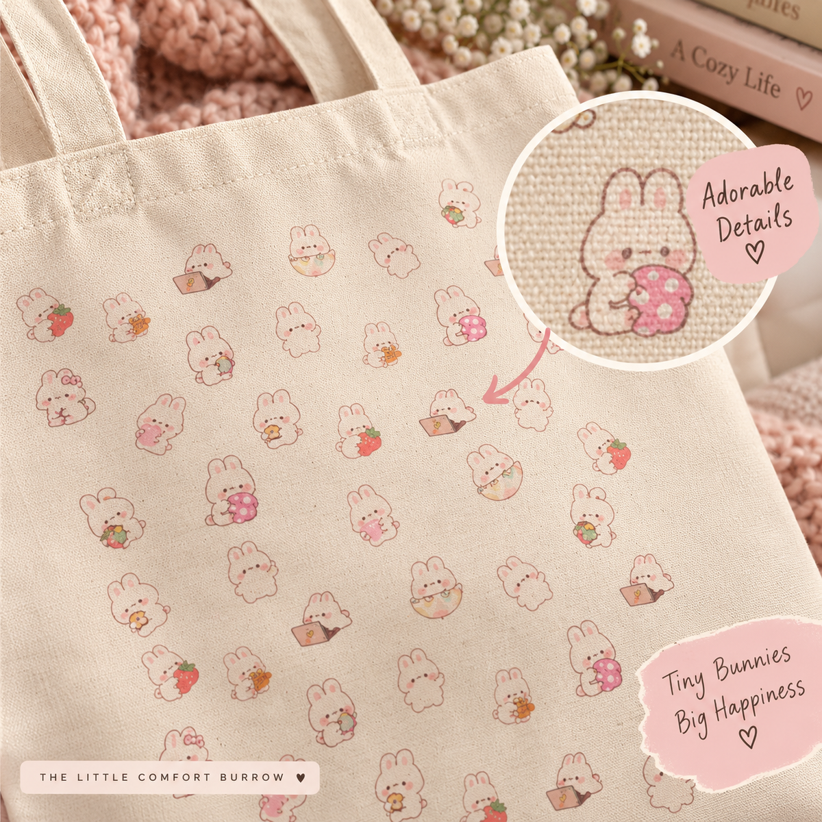 Cute Bunny Canvas Tote Bag | Rabbit Lover Gift | Reusable Cotton Shopping Bag