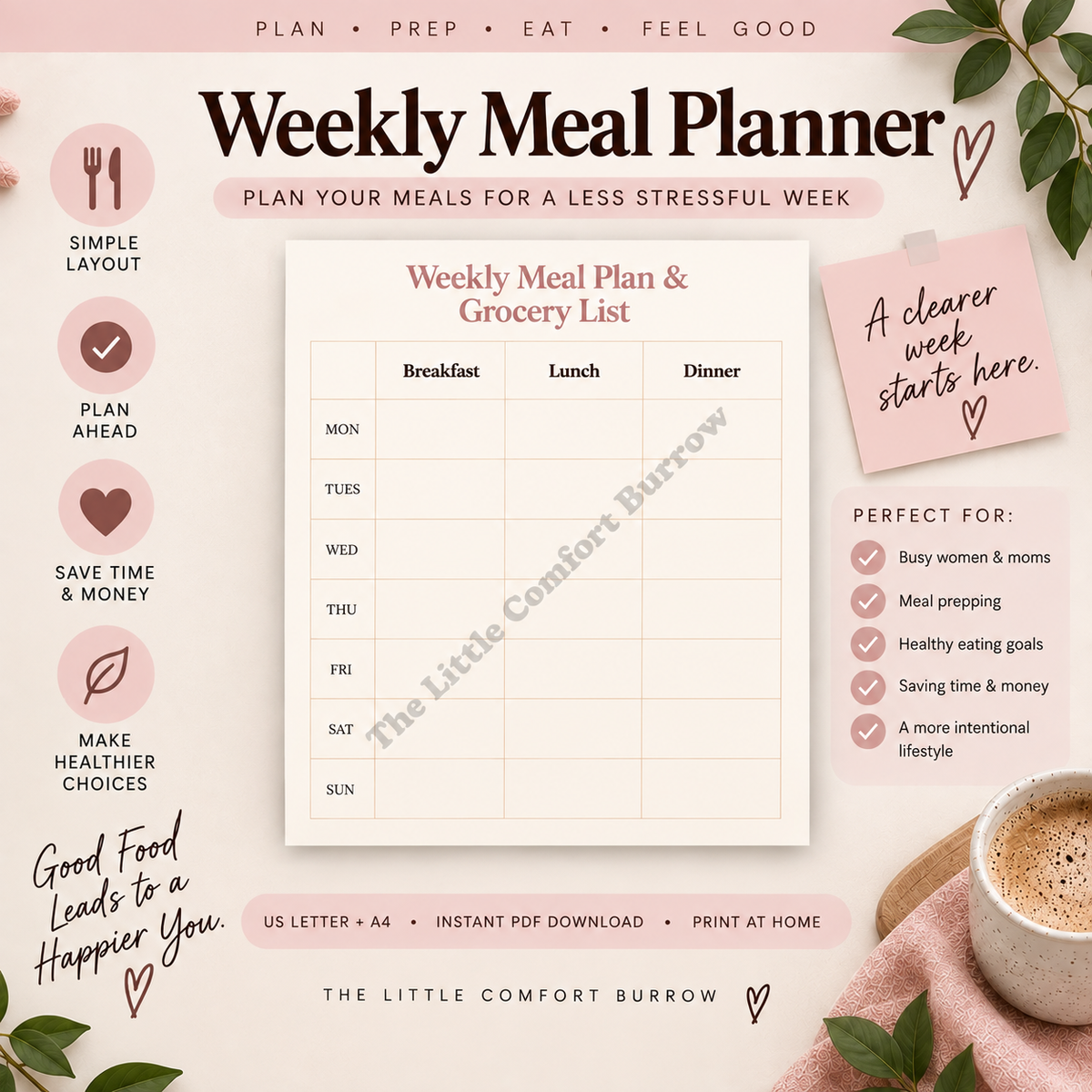 Weekly Meal Planner Printable Bundle | Meal Plan & Grocery List