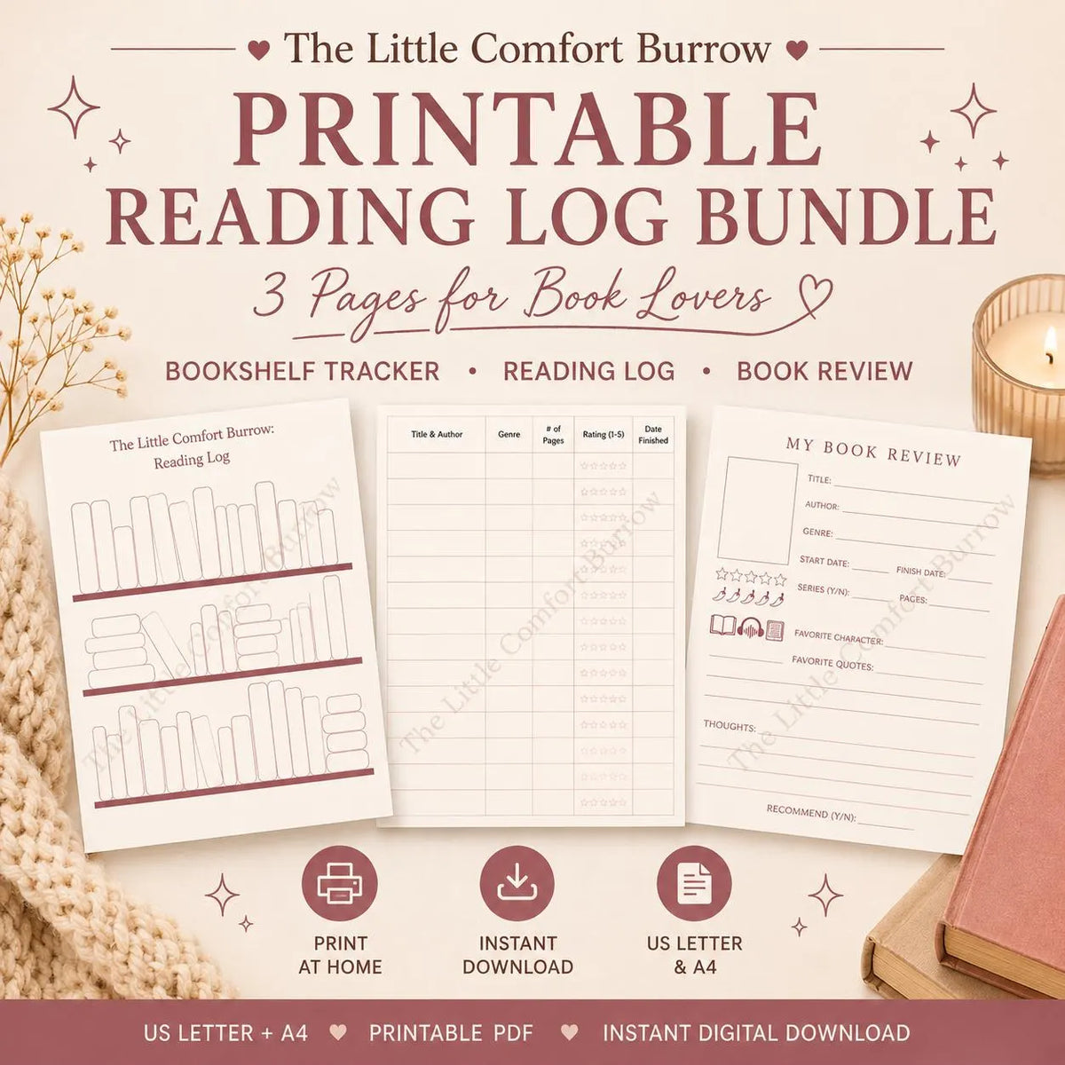 Cozy Reading Log Printable Bundle | Book Tracker & Review Pages